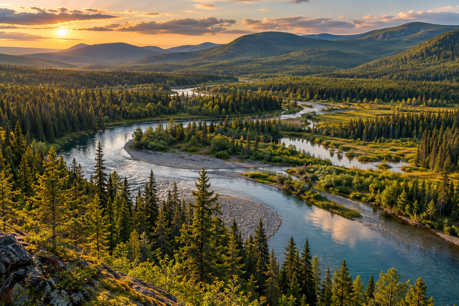 Rivière et milieux humides dans un bassin versant forestier, paysage photoréaliste généré.