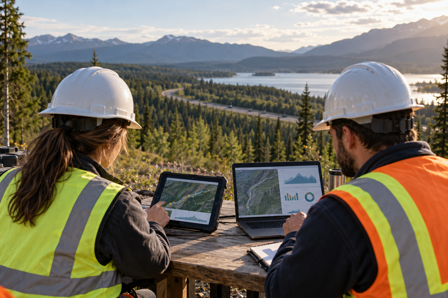 Professionnels consultant une carte et des indicateurs sur tablette et ordinateur sur le terrain, scène générée.