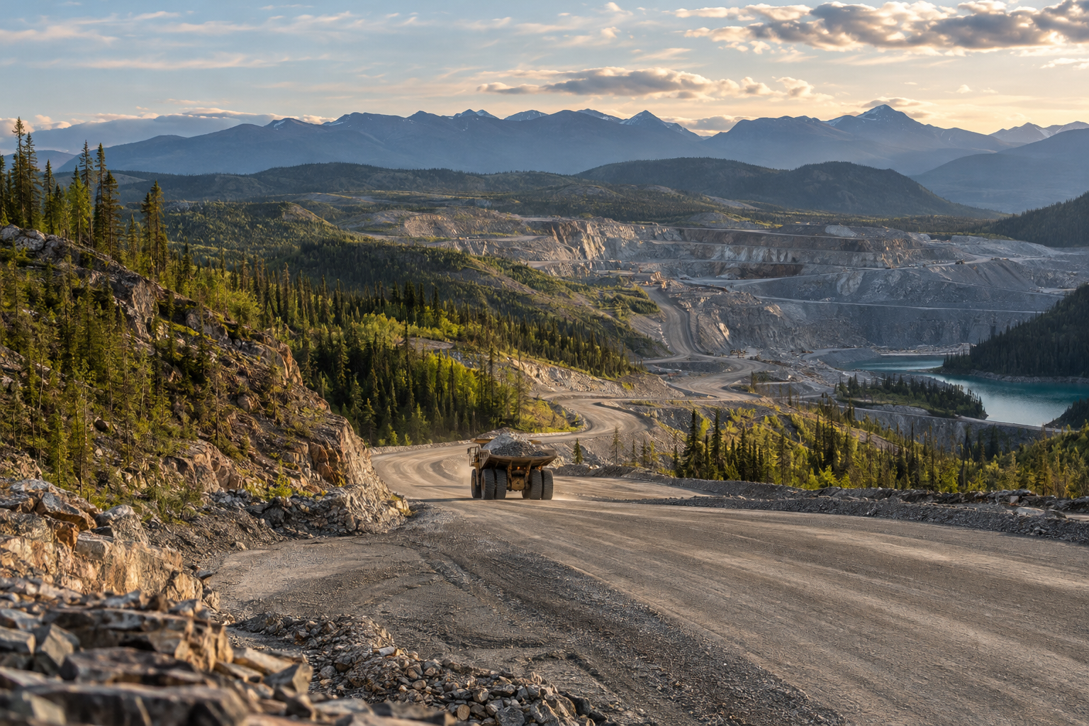 Route d’accès à une mine en paysage forestier, image photoréaliste générée.