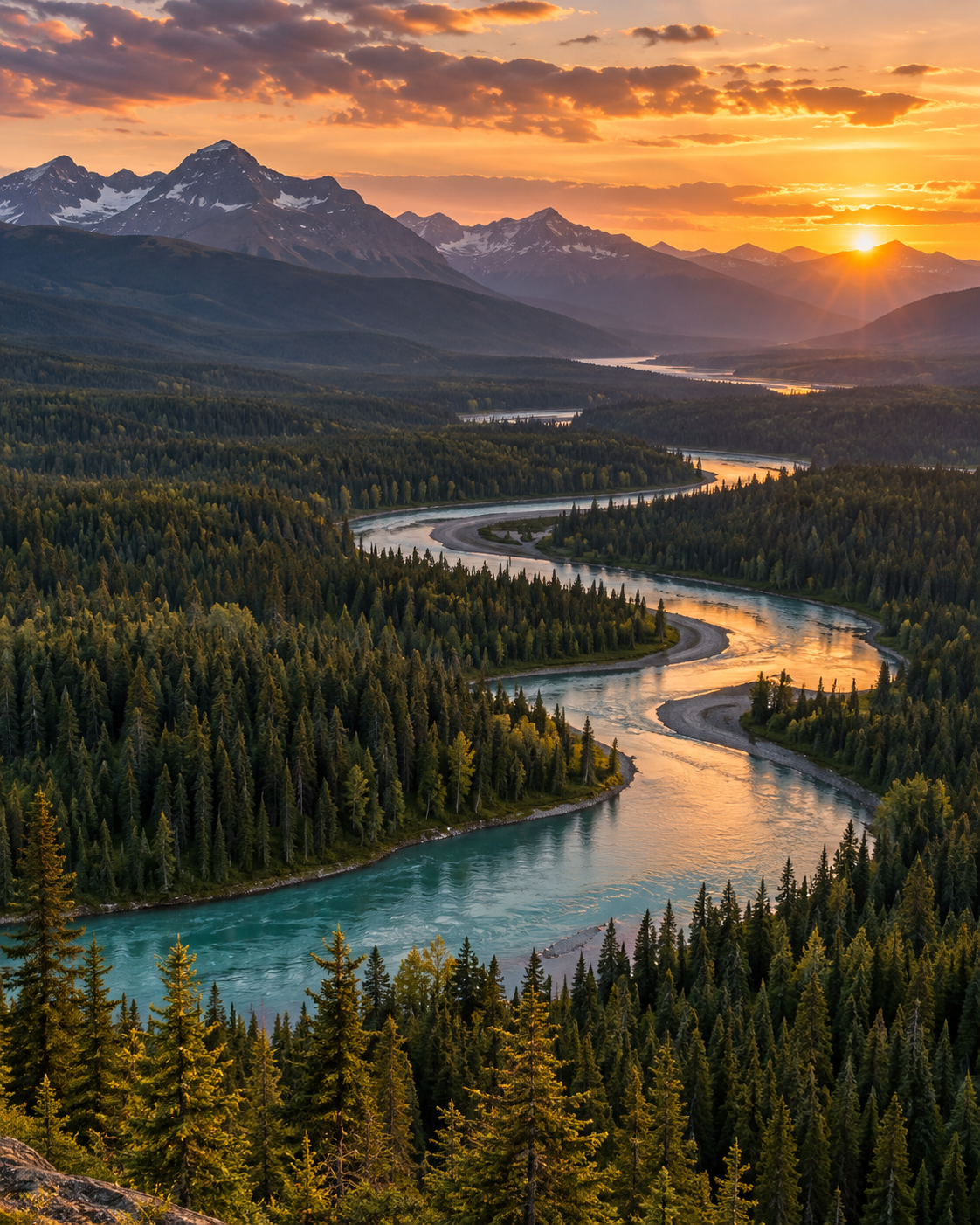 Paysage photoréaliste généré : rivière sinueuse, forêt et montagnes au coucher du soleil.