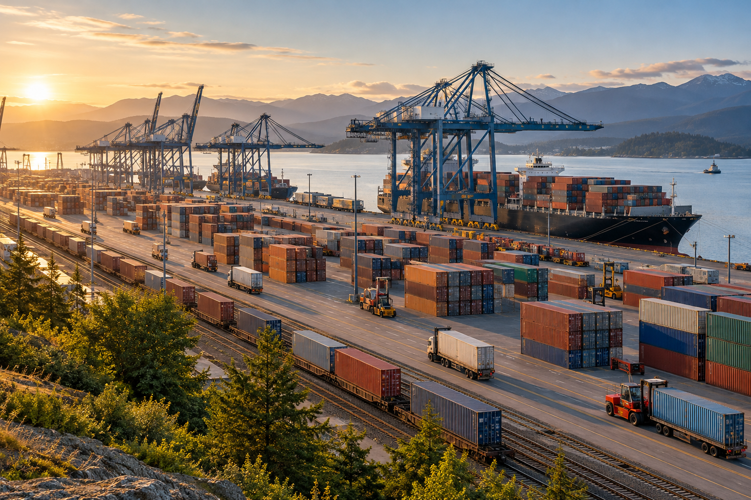 Port et terminal intermodal en lumière naturelle, image photoréaliste générée.